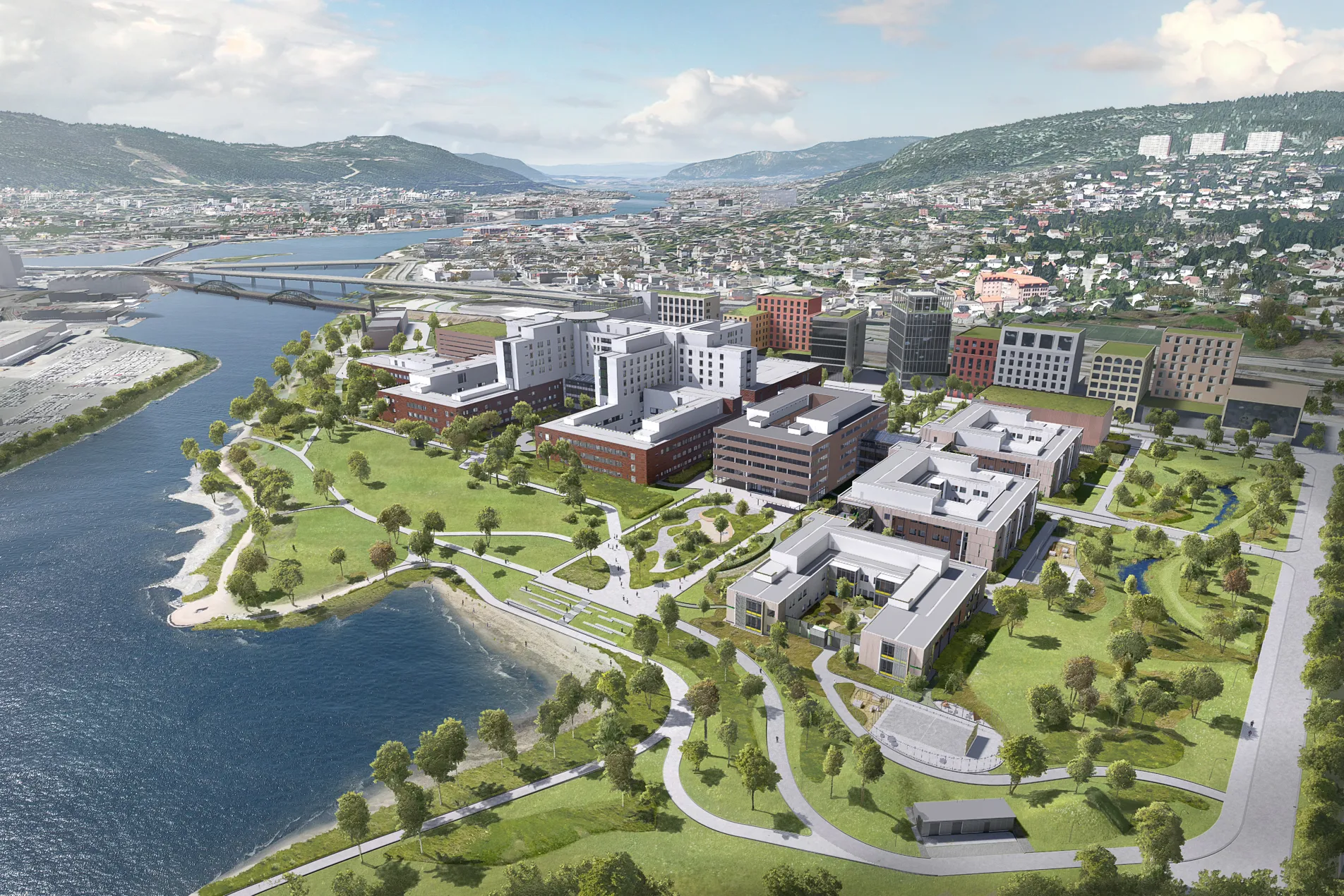 Oversiktsbilde over nytt sykehus på Brakerøya i Drammen.